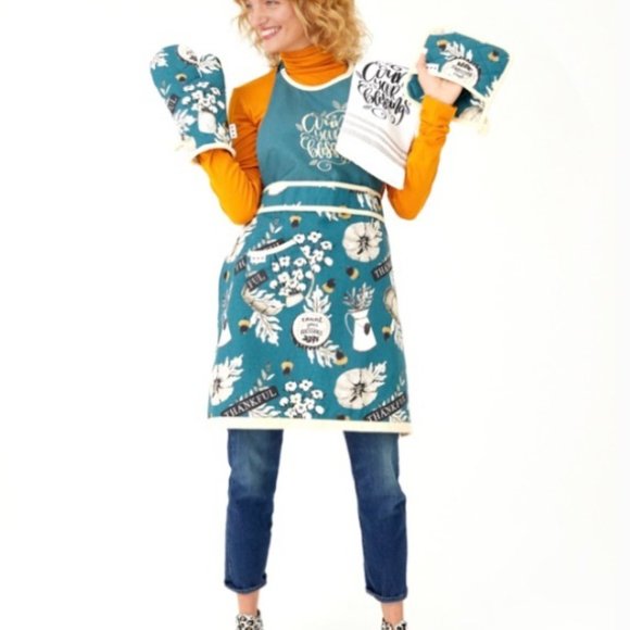 SIMPLY WHIMSICAL Vintage Inspired Apron Autumn Farmhouse Thanksgiving Teal Tan - Picture 8 of 8
